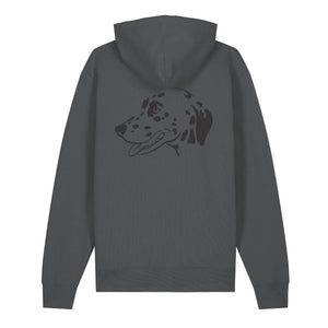 Black outline illustration of the head of a Dalmatian on the back of an anthracite grey unisex Hoodie