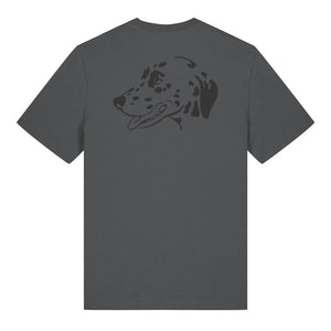 Black outline illustration of the head of a Dalmatian on the back of an anthracite grey unisex t-shirt