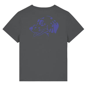 Blue outline illustration of the head of a Dalmatian on the back of an anthracite grey ladies t-shirt
