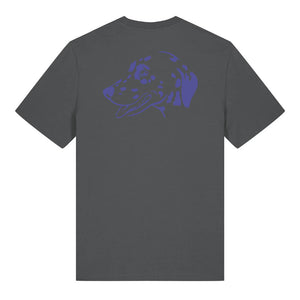 Blue outline illustration of the head of a Dalmatian on the back of an anthracite grey unisex t-shirt
