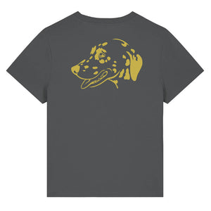 Gold outline illustration of the head of a Dalmatian on the back of an anthracite grey ladies t-shirt