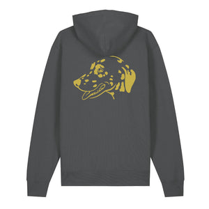 Gold outline illustration of the head of a Dalmatian on the back of an anthracite grey unisex Hoodie