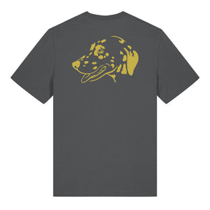 Gold outline illustration of the head of a Dalmatian on the back of an anthracite grey unisex t-shirt