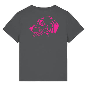 Magenta outline illustration of the head of a Dalmatian on the back of an anthracite grey ladies t-shirt