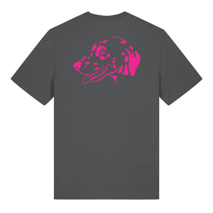 Magenta outline illustration of the head of a Dalmatian on the back of an anthracite grey unisex t-shirt