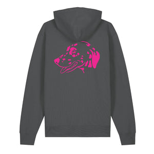 Magenta outline illustration of the head of a Dalmatian on the back of an anthracite grey unisex Hoodie