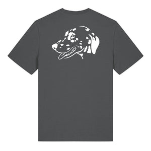 White outline illustration of the head of a Dalmatian on the back of an anthracite grey unisex t-shirt
