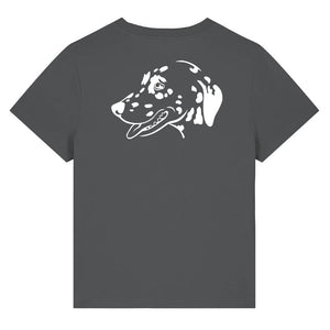 White outline illustration of the head of a Dalmatian on the back of an anthracite grey ladies t-shirt