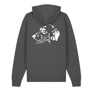 White outline illustration of the head of a Dalmatian on the back of an anthracite grey unisex Hoodie
