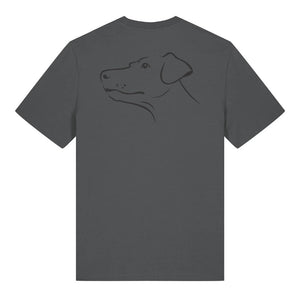 Black outline illustration of the head of a Dobermann on the back of an anthracite grey unisex t-shirt