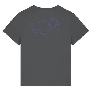 Blue outline illustration of the head of a Dobermann on the back of an anthracite grey ladies t-shirt