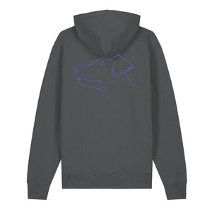 Blue outline illustration of the head of a Dobermann on the back of an anthracite grey unisex Hoodie