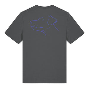 Blue outline illustration of the head of a Dobermann on the back of an anthracite grey unisex t-shirt
