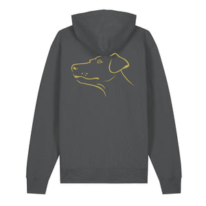 Gold outline illustration of the head of a Dobermann on the back of an anthracite grey unisex Hoodie