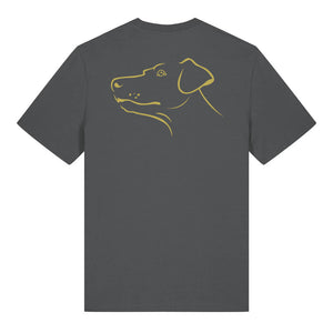 Gold outline illustration of the head of a Dobermann on the back of an anthracite grey unisex t-shirt