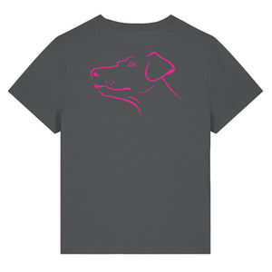 Magenta outline illustration of the head of a Dobermann on the back of an anthracite grey ladies t-shirt
