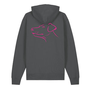 Magenta outline illustration of the head of a Dobermann on the back of an anthracite grey unisex Hoodie