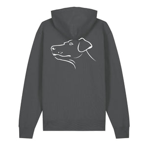 White outline illustration of the head of a Dobermann on the back of an anthracite grey unisex Hoodie