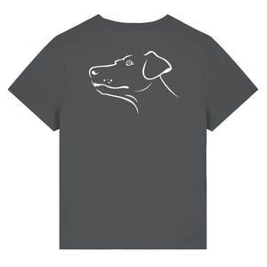 White outline illustration of the head of a Dobermann on the back of an anthracite grey ladies t-shirt