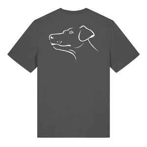 White outline illustration of the head of a Dobermann on the back of an anthracite grey unisex t-shirt