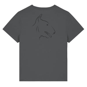 Black outline illustration of the head of a English Bull Terrier on the back of an anthracite grey ladies t-shirt