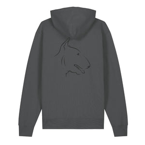Black outline illustration of the head of an English Bull Terrier on the back of an anthracite grey unisex Hoodie