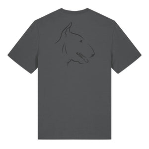 Black outline illustration of the head of an English Bull Terrier on the back of an anthracite grey unisex t-shirt