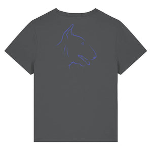 Blue outline illustration of the head of a English Bull Terrier on the back of an anthracite grey ladies t-shirt