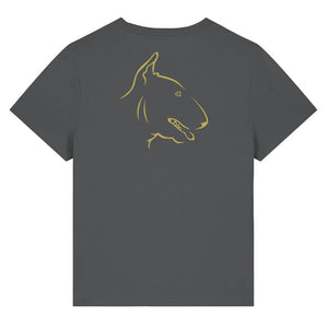 Gold outline illustration of the head of a English Bull Terrier on the back of an anthracite grey ladies t-shirt