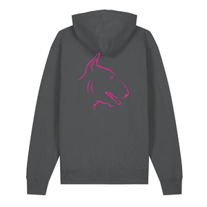Magenta outline illustration of the head of an English Bull Terrier on the back of an anthracite grey unisex Hoodie