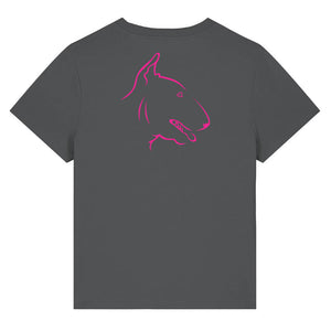 Magenta outline illustration of the head of a English Bull Terrier on the back of an anthracite grey ladies t-shirt