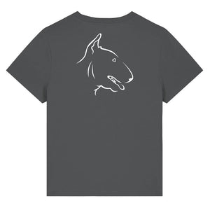 White outline illustration of the head of a English Bull Terrier on the back of an anthracite grey ladies t-shirt