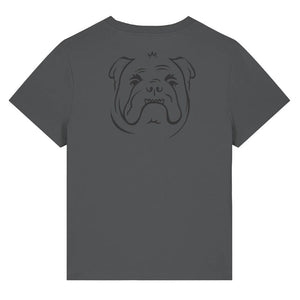Black outline illustration of the head of a English Bulldog on the back of an anthracite grey ladies t-shirt