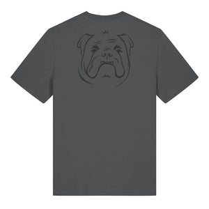 Black outline illustration of the head of a English Bulldog on the back of an anthracite grey unisex t-shirt