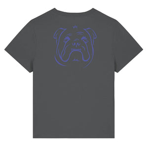 Blue outline illustration of the head of a English Bulldog on the blue of an anthracite grey ladies t-shirt