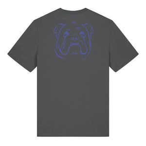 Blue outline illustration of the head of a English Bulldog on the back of an anthracite grey unisex t-shirt