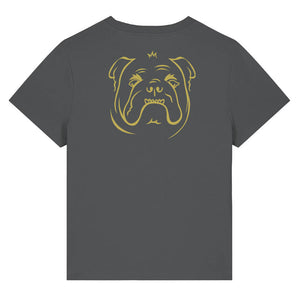 Gold outline illustration of the head of a English Bulldog on the back of an anthracite grey ladies t-shirt