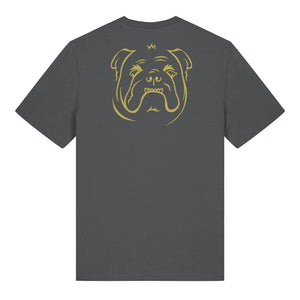 Gold outline illustration of the head of a English Bulldog on the back of an anthracite grey unisex t-shirt