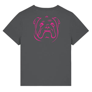 Magenta outline illustration of the head of a English Bulldog on the back of an anthracite grey ladies t-shirt