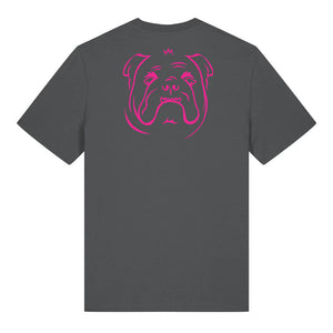 Magenta outline illustration of the head of a English Bulldog on the back of an anthracite grey unisex t-shirt