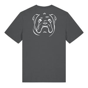 White outline illustration of the head of a English Bulldog on the back of an anthracite grey unisex t-shirt