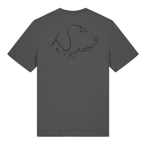 Black outline illustration of the head of an English Pointer on the back of an anthracite grey unisex t-shirt