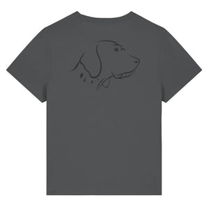 Black outline illustration of the head of an English Pointer on the back of an anthracite grey ladies t-shirt