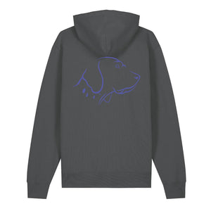 Blue outline illustration of the head of an English Pointer on the back of an anthracite grey unisex Hoodie