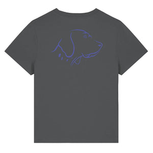 Blue outline illustration of the head of an English Pointer on the back of an anthracite grey ladies t-shirt
