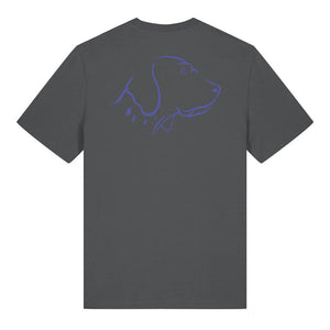 Blue outline illustration of the head of an English Pointer on the back of an anthracite grey unisex t-shirt