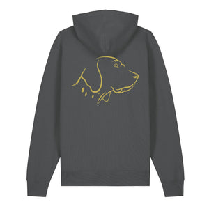 Gold outline illustration of the head of an English Pointer on the back of an anthracite grey unisex Hoodie