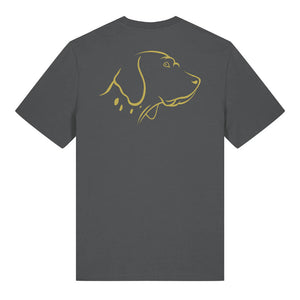 Gold outline illustration of the head of an English Pointer on the back of an anthracite grey unisex t-shirt