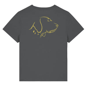Gold outline illustration of the head of an English Pointer on the back of an anthracite grey ladies t-shirt