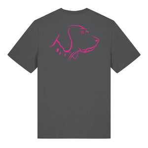 Magenta outline illustration of the head of an English Pointer on the back of an anthracite grey unisex t-shirt